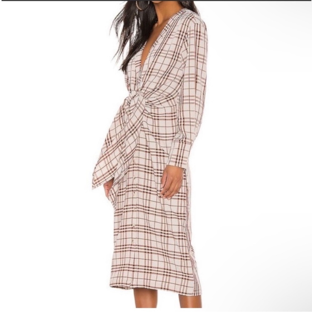 NWT Revolve x L’ Academie Midi Dress Pauline Brown Plaid Waist Tie, Size M